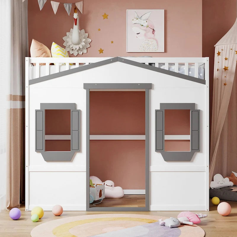 Twin Size Creativity House Bed Wooden Loft Bed with Built-In Ladder and Underbed Storage Space, Full-Length Guardrail