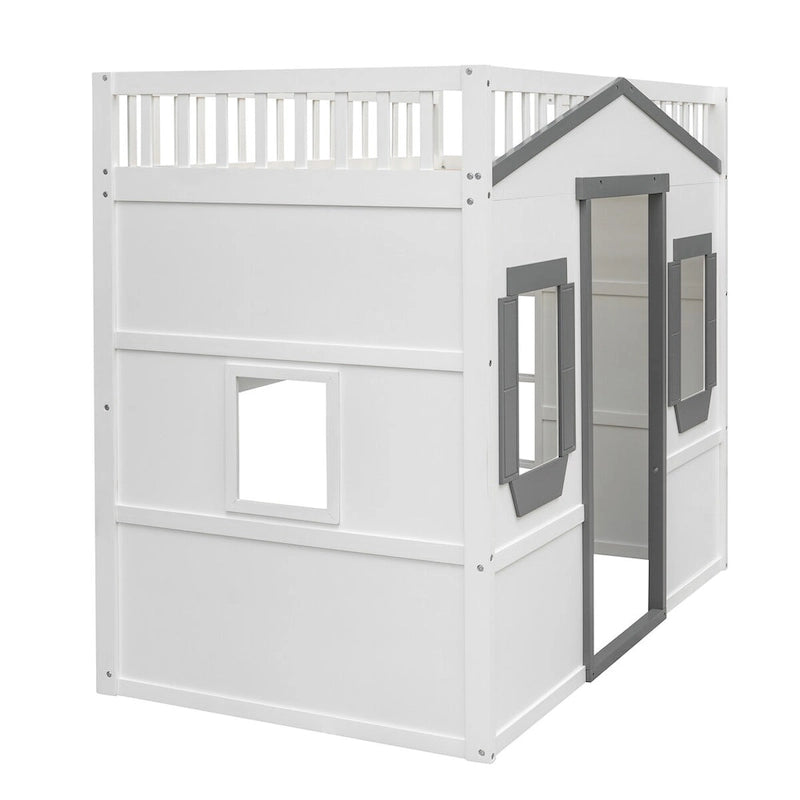 Twin Size Creativity House Bed Wooden Loft Bed with Built-In Ladder and Underbed Storage Space, Full-Length Guardrail