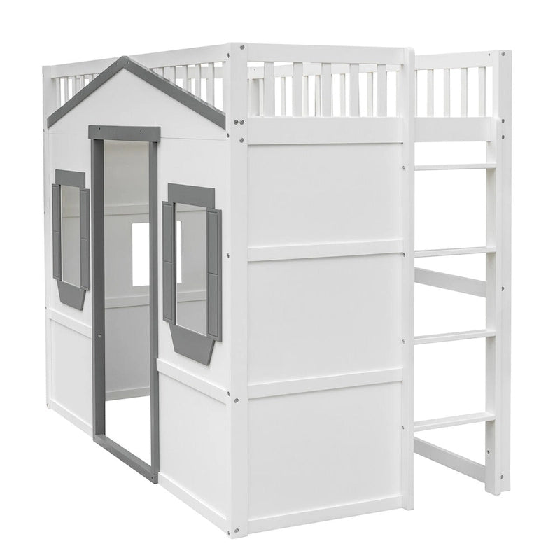 Twin Size Creativity House Bed Wooden Loft Bed with Built-In Ladder and Underbed Storage Space, Full-Length Guardrail