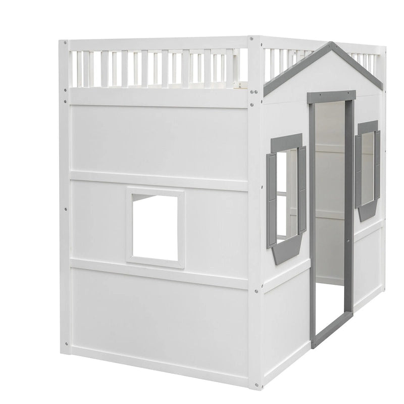 Twin Size Creativity House Bed Wooden Loft Bed with Built-In Ladder and Underbed Storage Space, Full-Length Guardrail