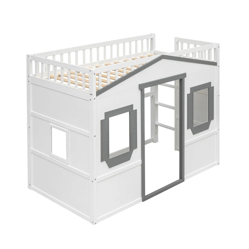 Twin Size Creativity House Bed Wooden Loft Bed with Built-In Ladder and Underbed Storage Space, Full-Length Guardrail