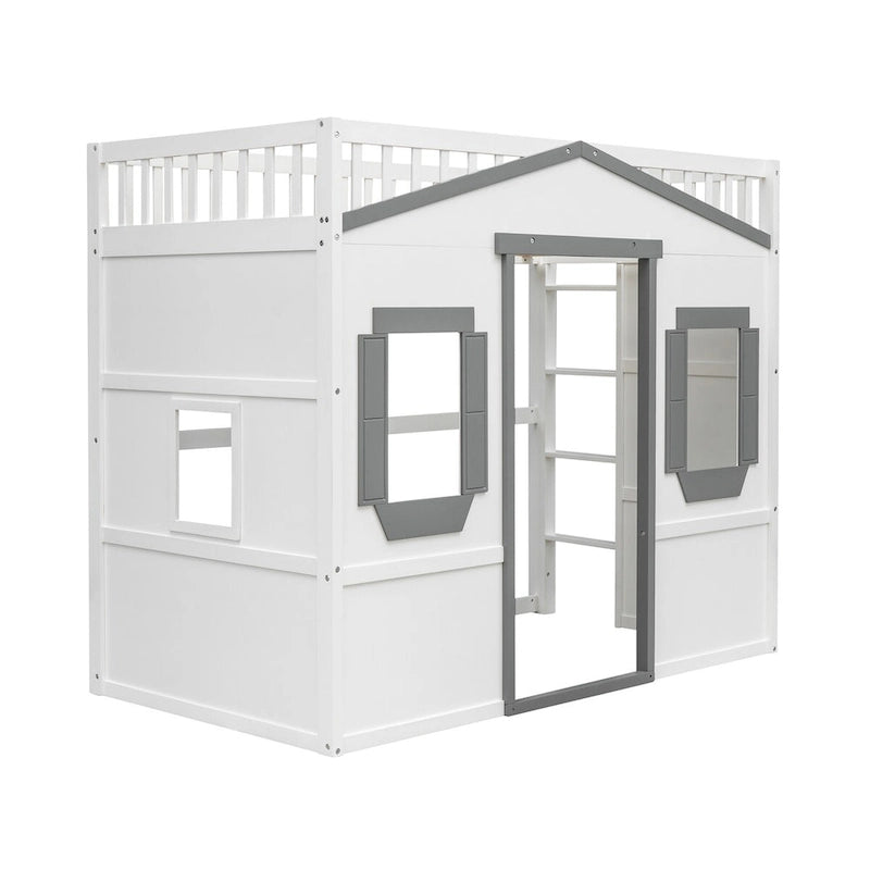 Twin Size Creativity House Bed Wooden Loft Bed with Built-In Ladder and Underbed Storage Space, Full-Length Guardrail