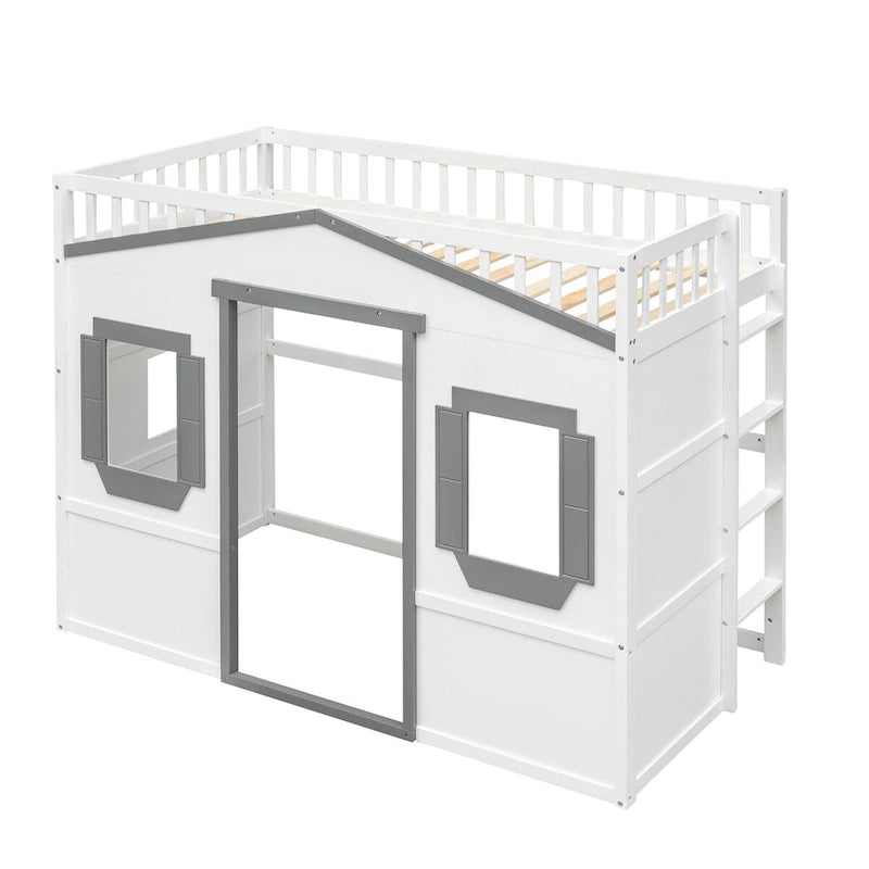 Twin Size Creativity House Bed Wooden Loft Bed with Built-In Ladder and Underbed Storage Space, Full-Length Guardrail
