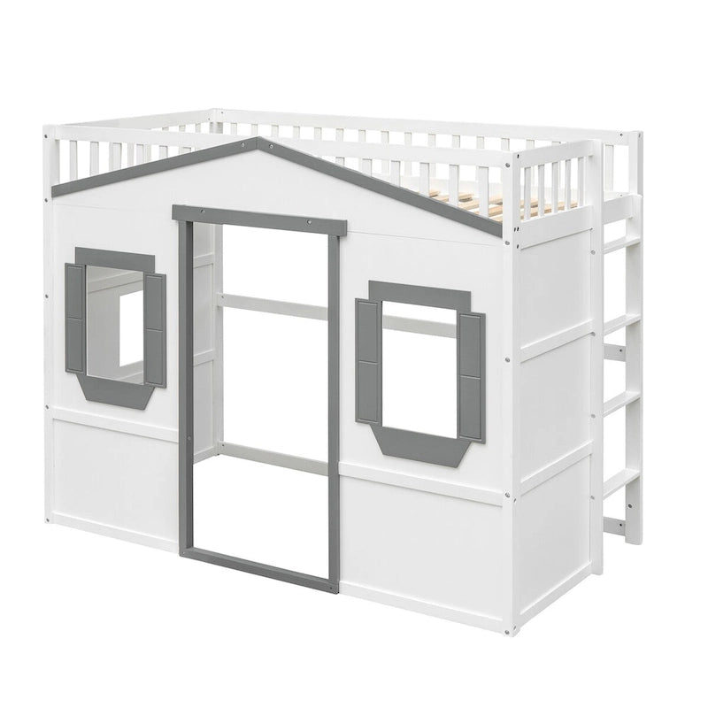 Twin Size Creativity House Bed Wooden Loft Bed with Built-In Ladder and Underbed Storage Space, Full-Length Guardrail