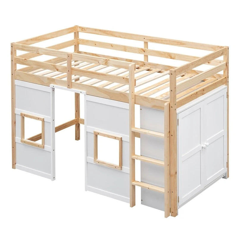 Twin Size Wood Loft Bed with Built-in Storage Wardrobe and Guardrails
