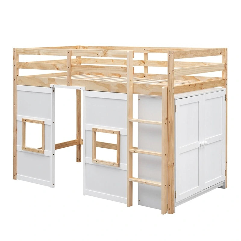 Twin Size Wood Loft Bed with Built-in Storage Wardrobe and Guardrails