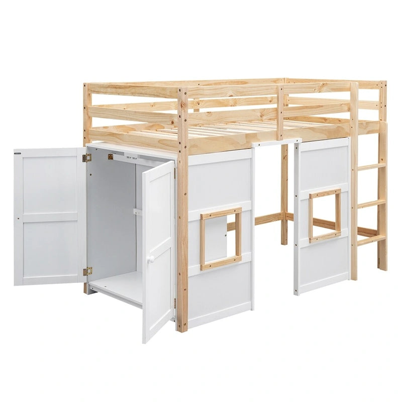 Twin Size Wood Loft Bed with Built-in Storage Wardrobe and Guardrails