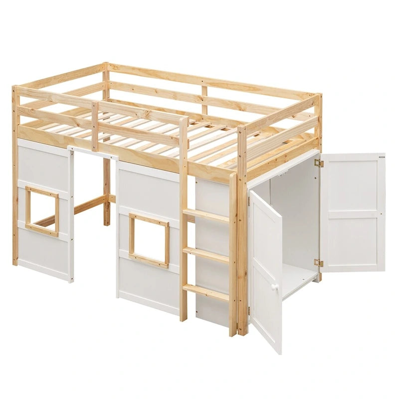 Twin Size Wood Loft Bed with Built-in Storage Wardrobe and Guardrails