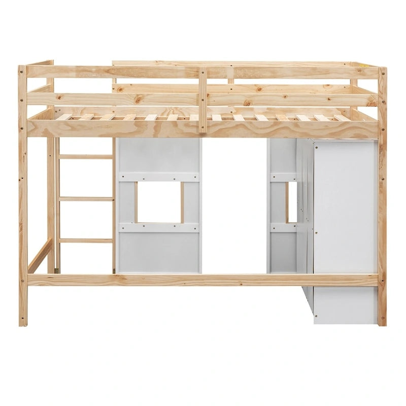 Twin Size Wood Loft Bed with Built-in Storage Wardrobe and Guardrails
