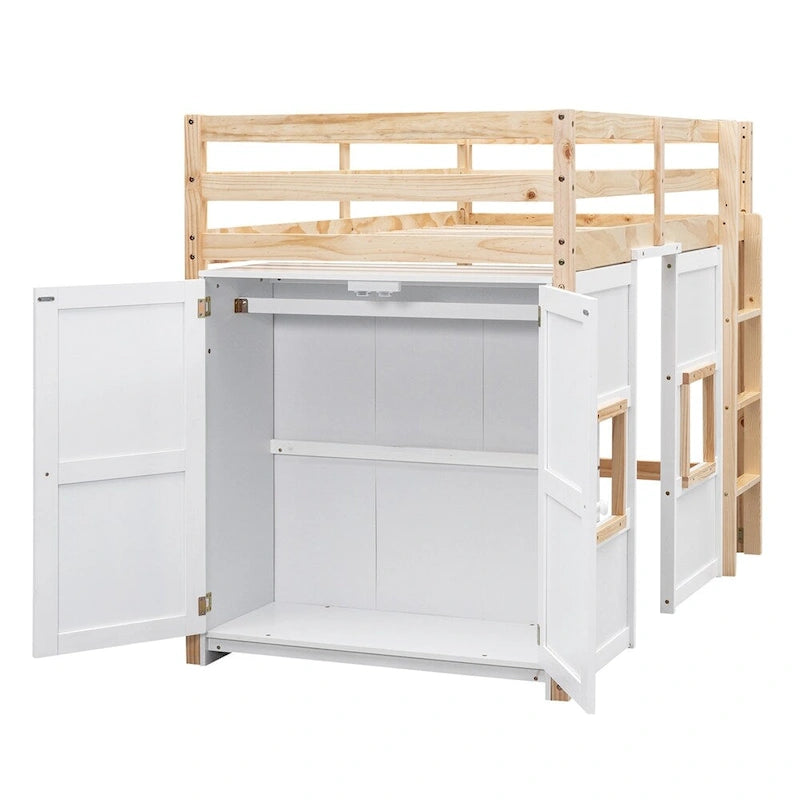 Twin Size Wood Loft Bed with Built-in Storage Wardrobe and Guardrails