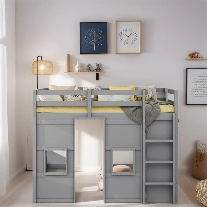 Twin Size Wood Loft Bed with Built-in Storage Wardrobe and Guardrails