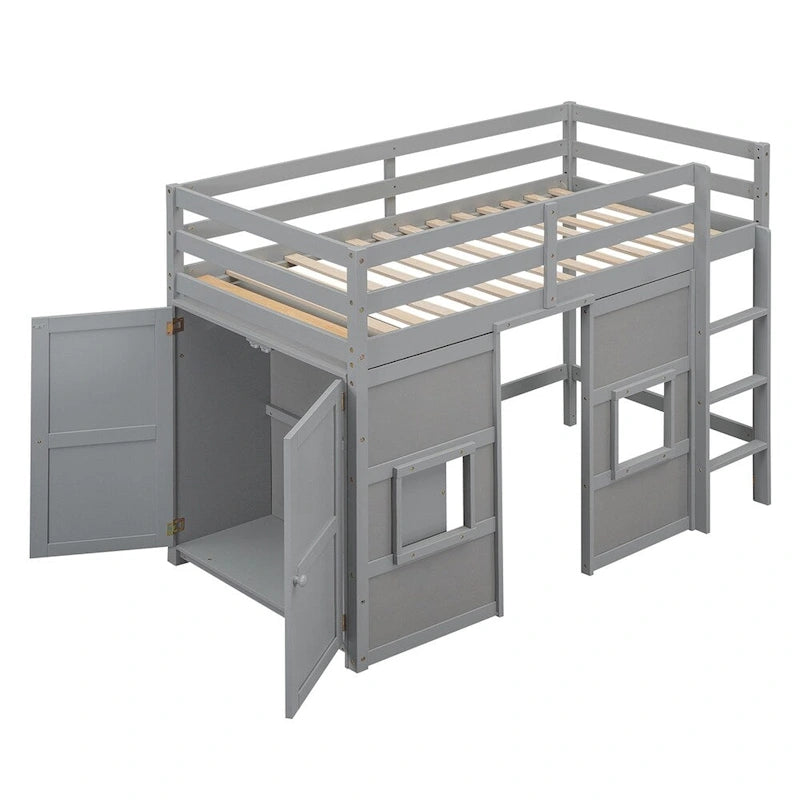 Twin Size Wood Loft Bed with Built-in Storage Wardrobe and Guardrails