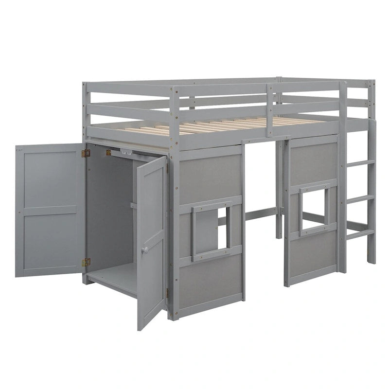 Twin Size Wood Loft Bed with Built-in Storage Wardrobe and Guardrails