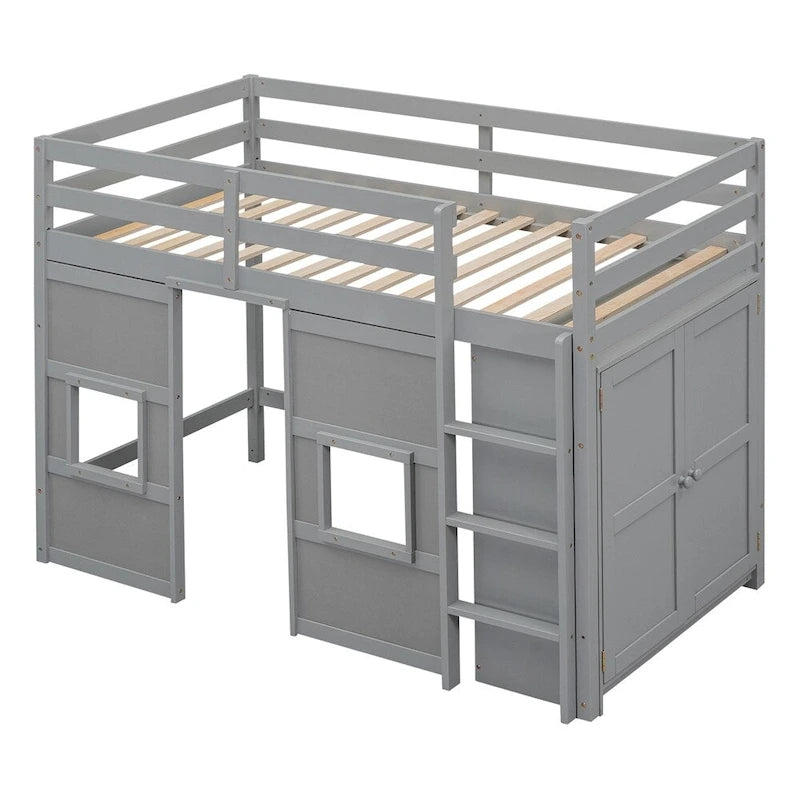 Twin Size Wood Loft Bed with Built-in Storage Wardrobe and Guardrails