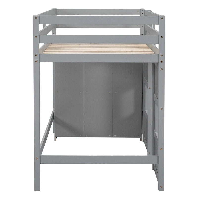 Twin Size Wood Loft Bed with Built-in Storage Wardrobe and Guardrails