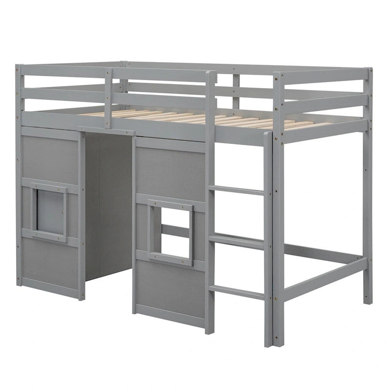 Twin Size Wood Loft Bed with Built-in Storage Wardrobe and Guardrails