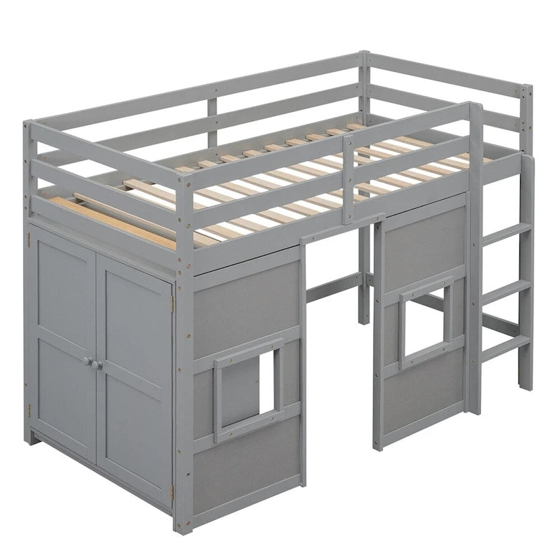 Twin Size Wood Loft Bed with Built-in Storage Wardrobe and Guardrails