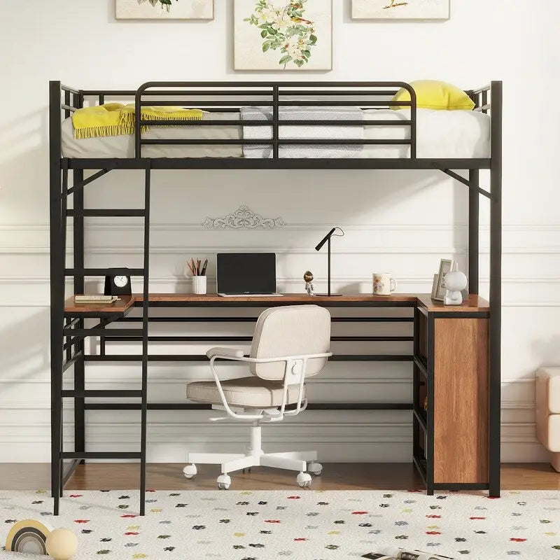 Twin Size Metal Loft Bed with L-shaped Desk and 3 Layers of Shelves
