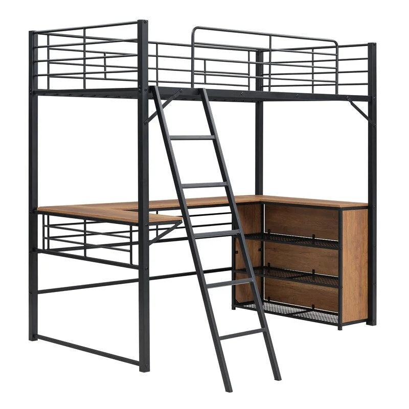 Twin Size Metal Loft Bed with L-shaped Desk and 3 Layers of Shelves