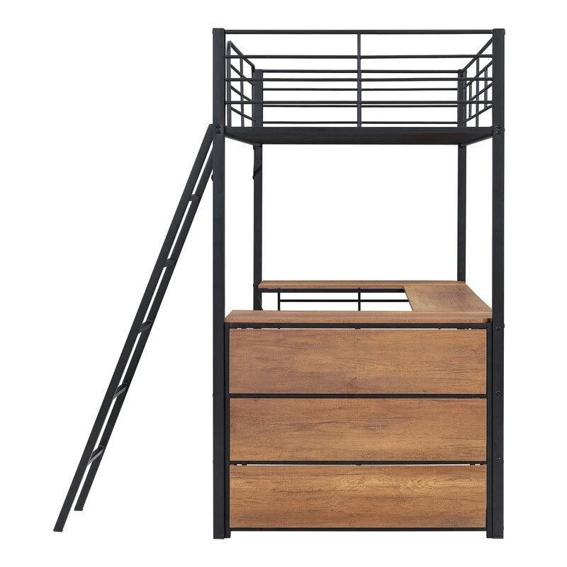 Twin Size Metal Loft Bed with L-shaped Desk and 3 Layers of Shelves