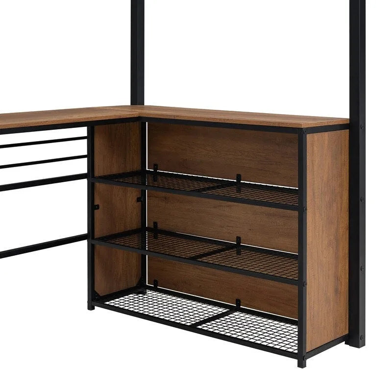 Twin Size Metal Loft Bed with L-shaped Desk and 3 Layers of Shelves