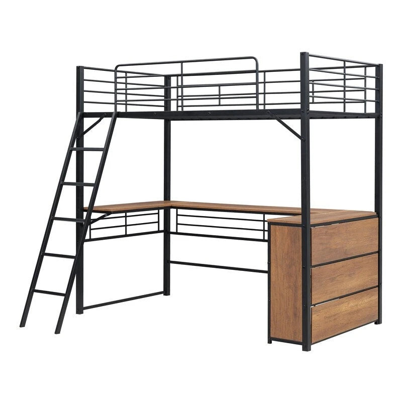 Twin Size Metal Loft Bed with L-shaped Desk and 3 Layers of Shelves