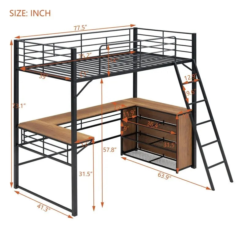 Twin Size Metal Loft Bed with L-shaped Desk and 3 Layers of Shelves