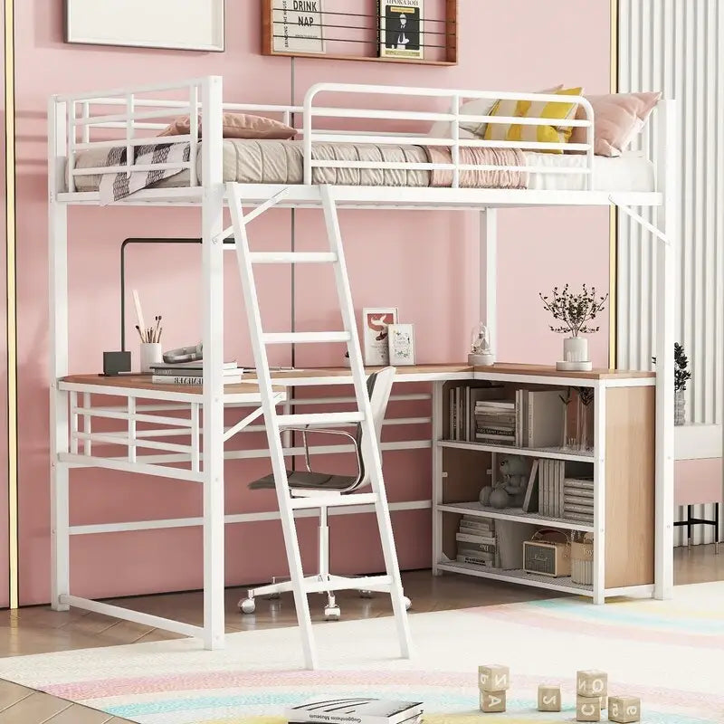 Twin Size Metal Loft Bed with L-shaped Desk and 3 Layers of Shelves