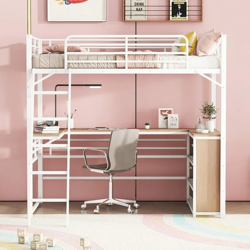 Twin Size Metal Loft Bed with L-shaped Desk and 3 Layers of Shelves