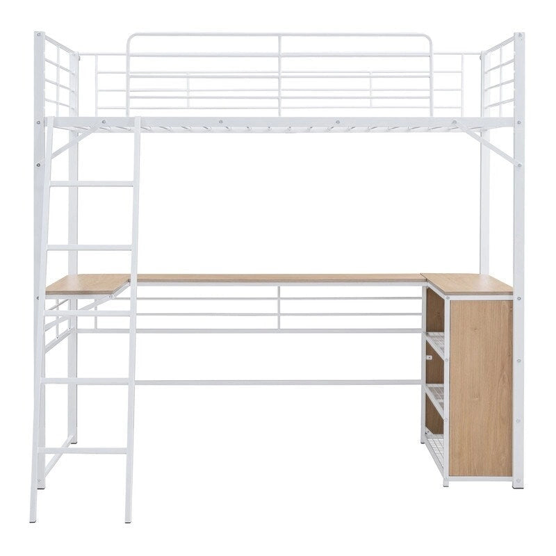 Twin Size Metal Loft Bed with L-shaped Desk and 3 Layers of Shelves