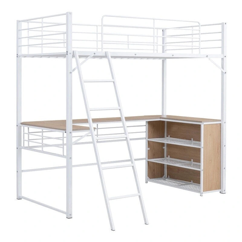 Twin Size Metal Loft Bed with L-shaped Desk and 3 Layers of Shelves