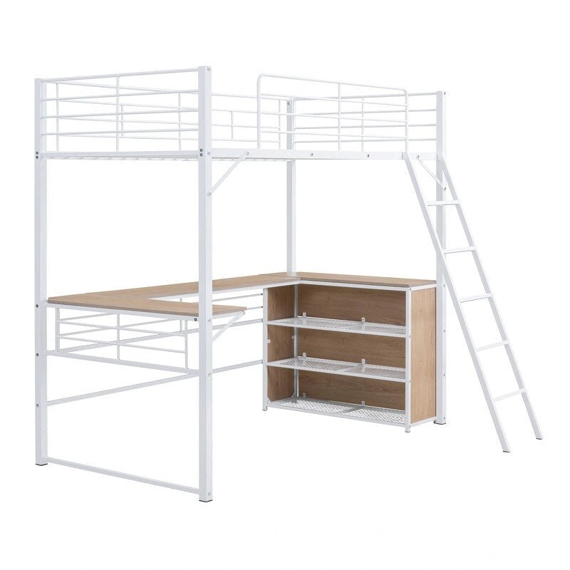 Twin Size Metal Loft Bed with L-shaped Desk and 3 Layers of Shelves