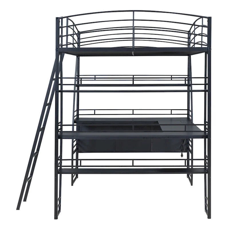 Full Size Loft Bed with 4 Layers of Shelves and L Shaped Desk