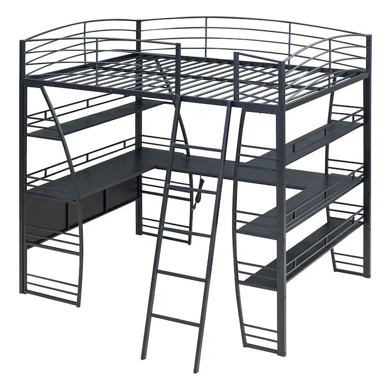 Full Size Loft Bed with 4 Layers of Shelves and L Shaped Desk