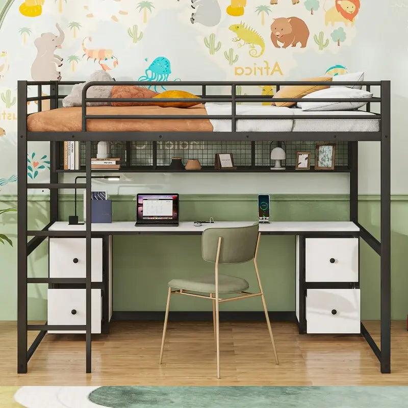 Metal Full Size Loft Bed with Desk, Drawers and Bedside Tray, Charging Station