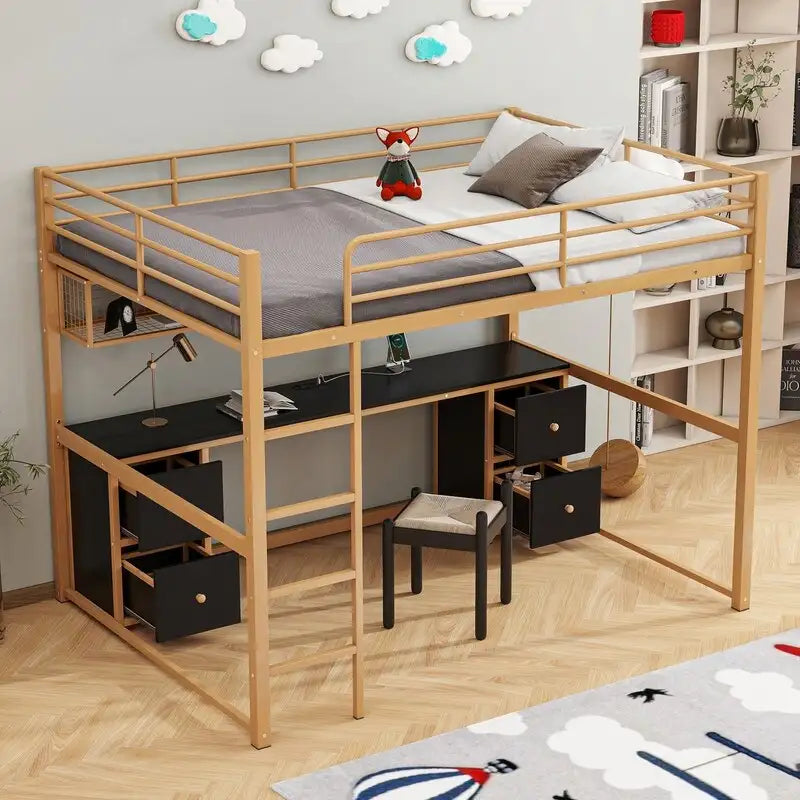 Metal Full Size Loft Bed with Desk, Drawers and Bedside Tray, Charging Station