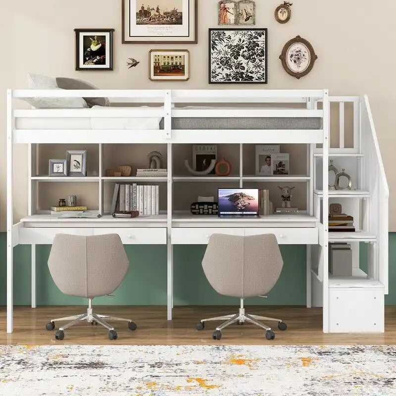 Twin Size Loft Bed with Storage Staircase, Double Desks and Shelves