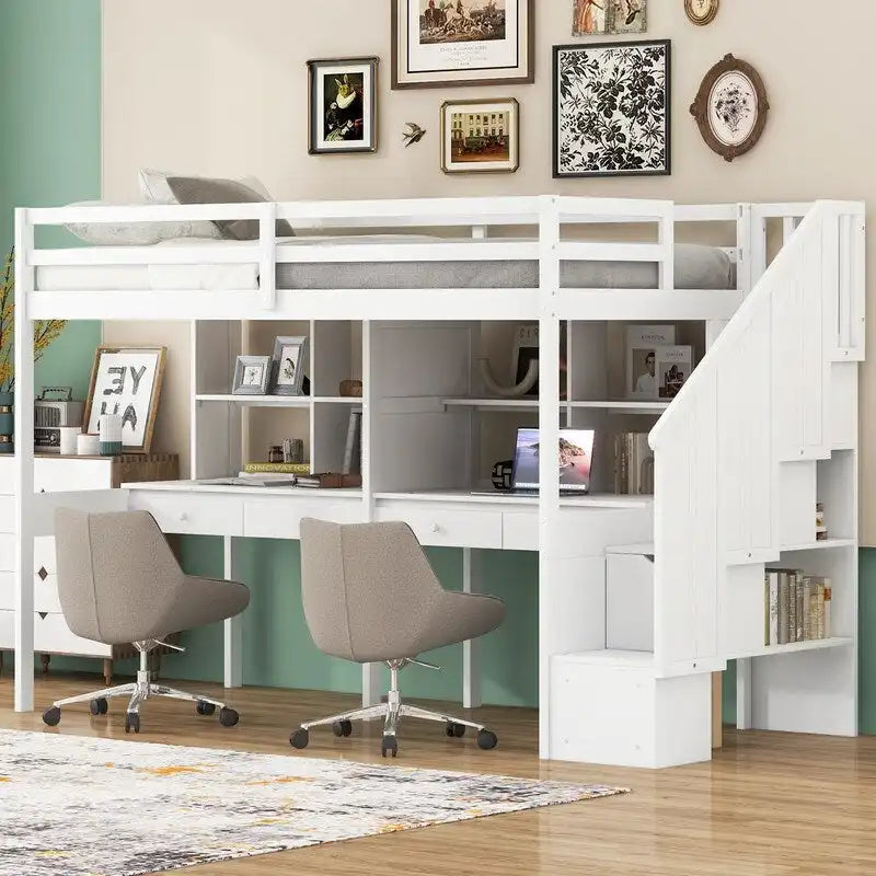 Twin Size Loft Bed with Storage Staircase, Double Desks and Shelves