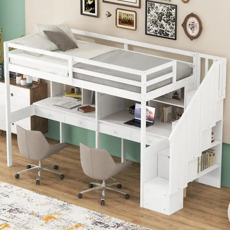 Twin Size Loft Bed with Storage Staircase, Double Desks and Shelves