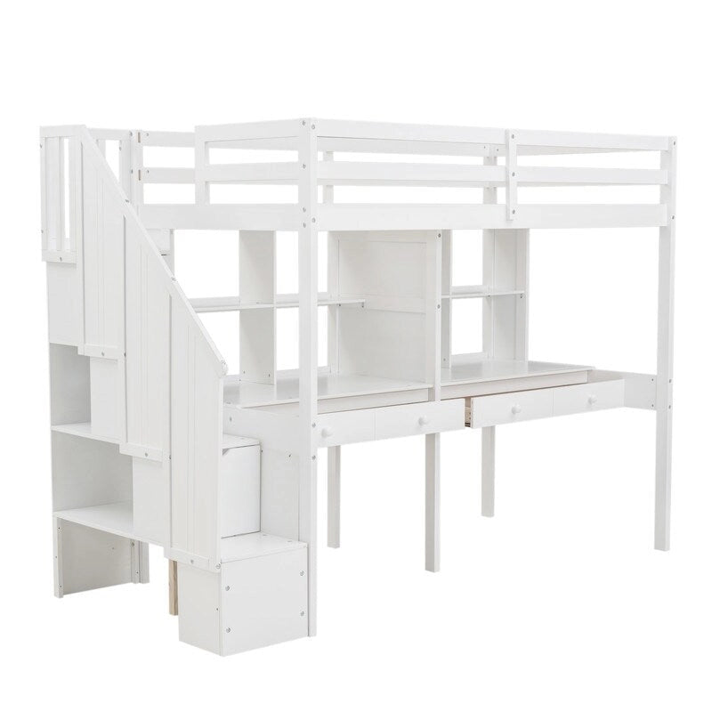 Twin Size Loft Bed with Storage Staircase, Double Desks and Shelves