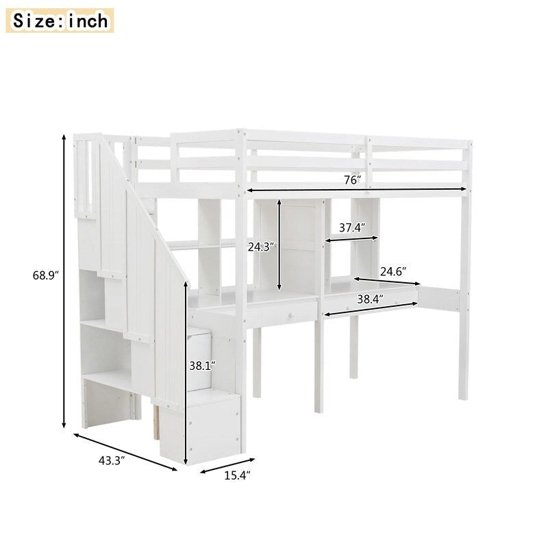 Twin Size Loft Bed with Storage Staircase, Double Desks and Shelves