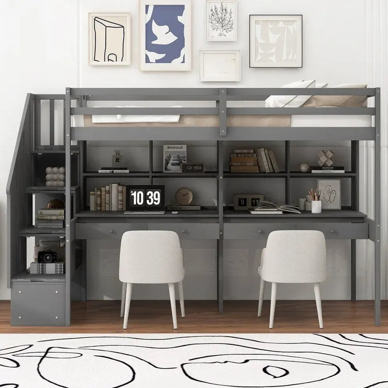 Twin Size Loft Bed with Storage Staircase, Double Desks and Shelves
