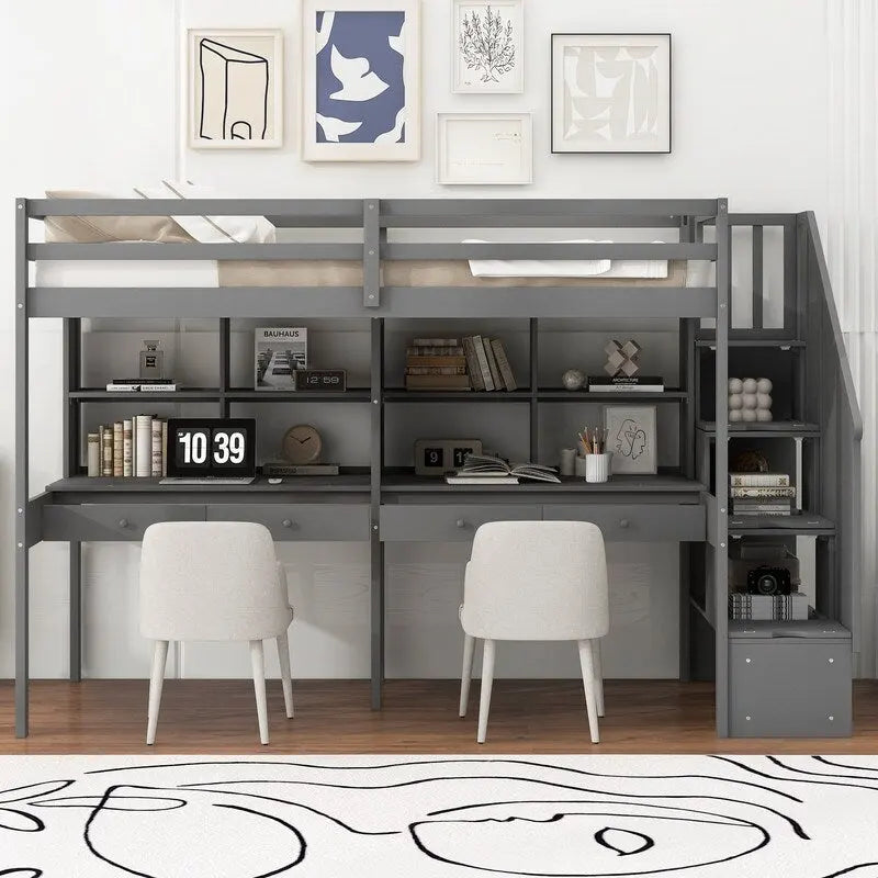 Twin Size Loft Bed with Storage Staircase, Double Desks and Shelves