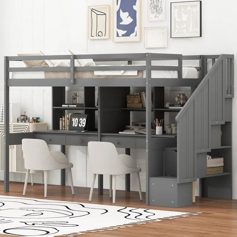 Twin Size Loft Bed with Storage Staircase, Double Desks and Shelves
