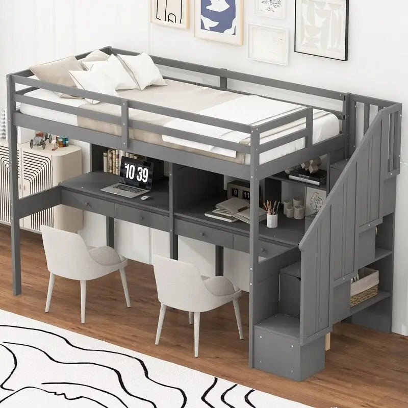 Twin Size Loft Bed with Storage Staircase, Double Desks and Shelves