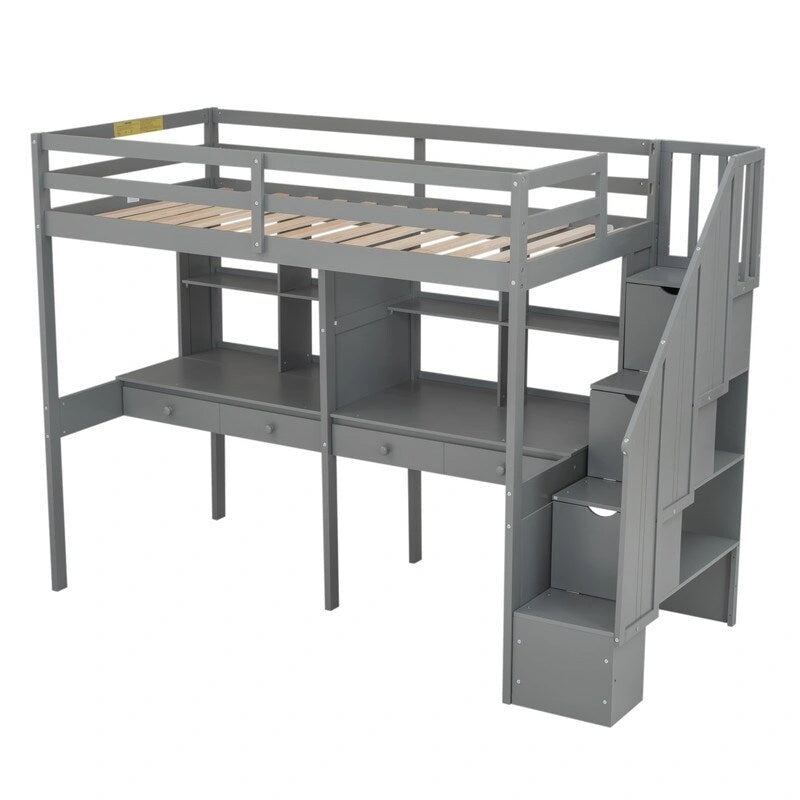Twin Size Loft Bed with Storage Staircase, Double Desks and Shelves