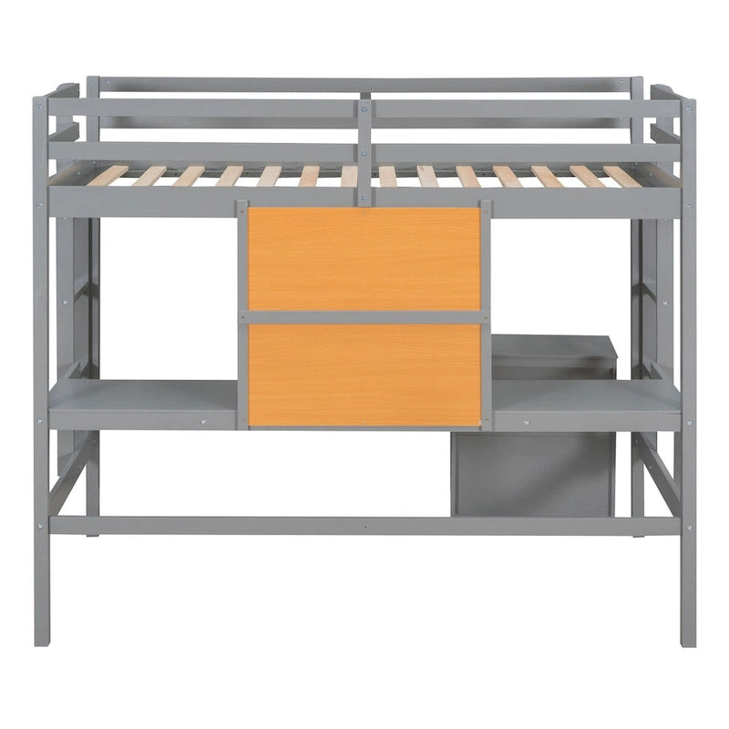 Gray Pine Wood Loft Bed with Desk and Cabinet, Writing Board, Full-Length Guardrail