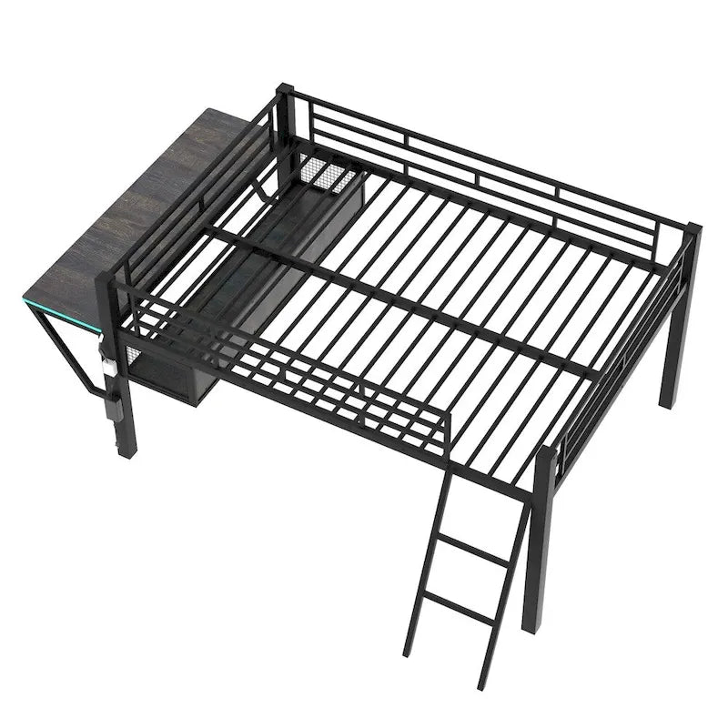Full Size Gaming Mid Loft Bed with Desk, LED