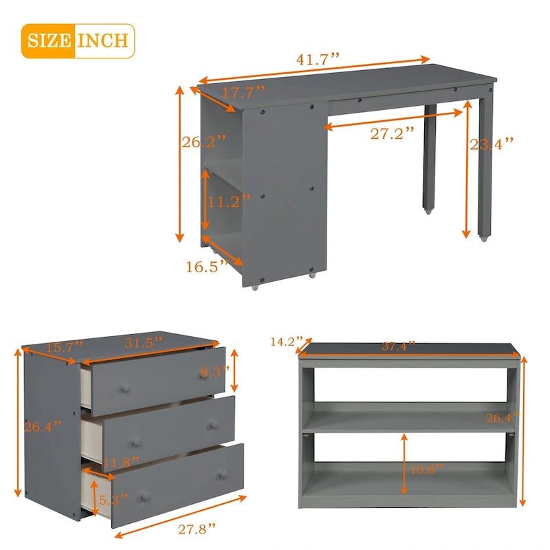 Gray Multiple Functions Twin Low Loft Bed with Cabinet, Shelves and Rolling Portable Desk