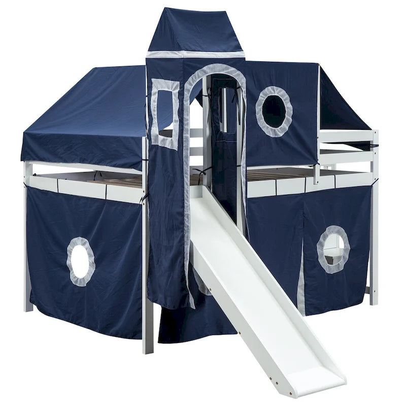 Full Size Pine Wood Loft Bed with Storage Staircase, Slide, Tent, Tower, Guardrail
